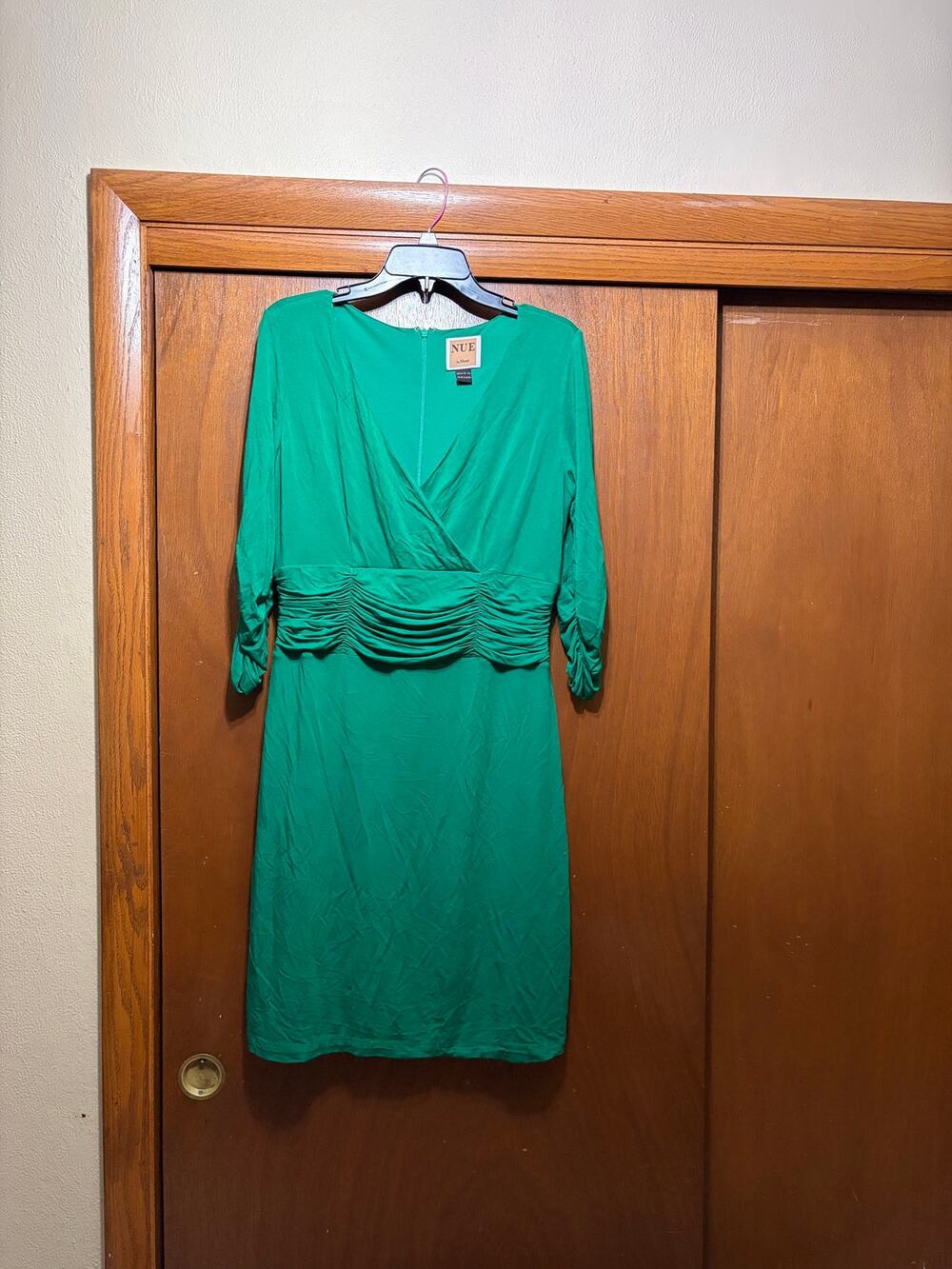NUE by Shani Women’s 14 Emerald Green Ruched Faux Wrap Dress 3/4 Sleeve